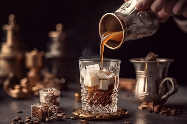 Een hand giet koffie in een glas met ijsblokjes.