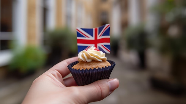 Een hand houdt een cupcake vast met een britse vlag erop