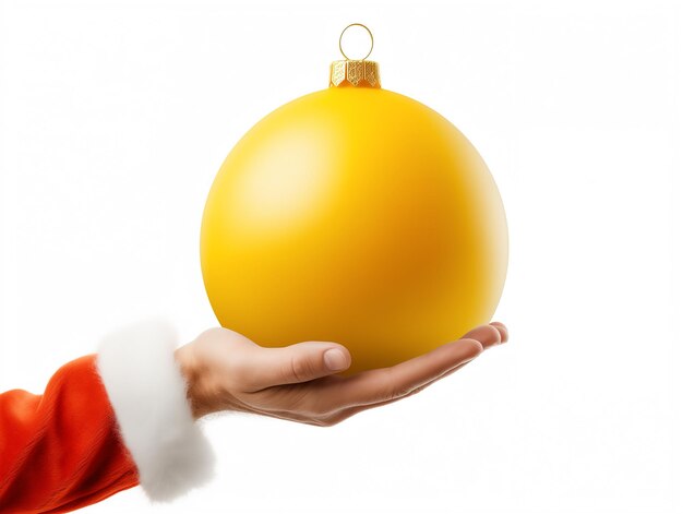 Een hand houdt een gele kerstboom speelgoed