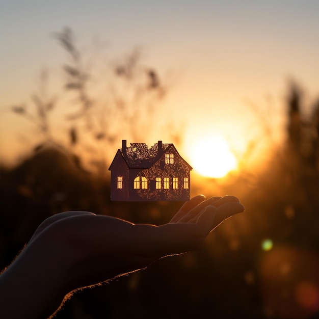 Een hand houdt een klein huis vast op een zonsondergangachtergrond.