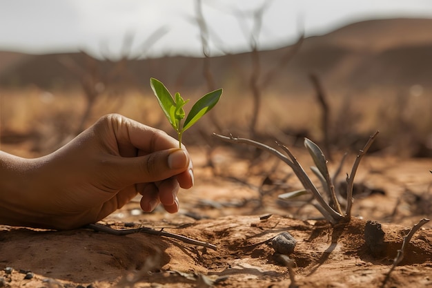 Foto een hand houdt een kleine groene plant vast in een droge omgeving aarde poster