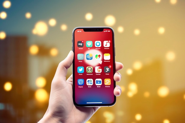 Een hand houdt een smartphone vast met honderden sociale app-pictogrammen op kleurrijke achtergrond gegenereerd door Ai