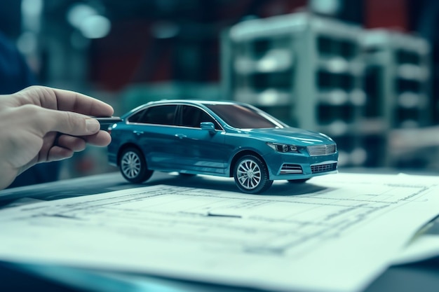 Een hand houdt een speelgoedauto vast op een tafel met een blauwe auto erop.