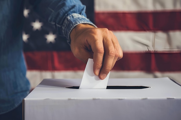 Foto een hand houdt een stembiljet amerikaanse vlag tegen een achtergrond die verkiezingen in de vs symboliseert