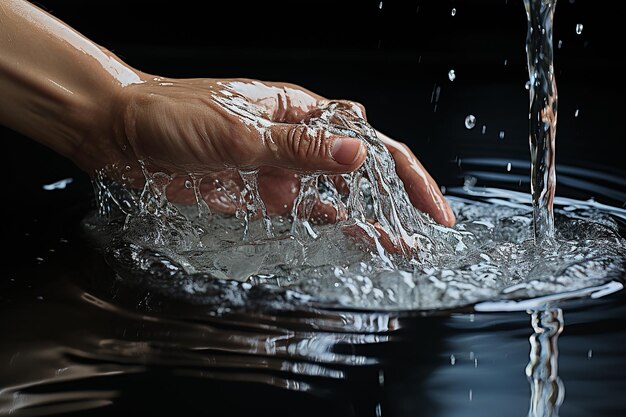 een hand houdt een waterdruppel vast die met water wordt besproeid