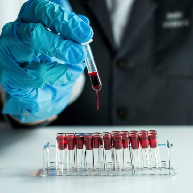 Een hand in een medische handschoen giet bloed in een petrischaaltje voor analyse Laboratoriumtests