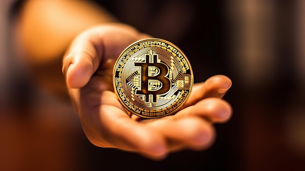 een hand met bitcoin over onscherpe achtergrond