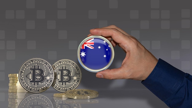 Foto een hand met een badge met de australische vlag voor een bitcoins crypto-valutaconcept