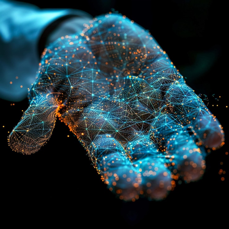 Foto een hand met een blauwe handschoen waarop staat: