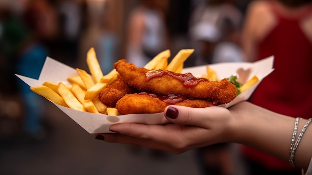 Een hand met een bord friet en schnitzel op een straatvoedselfestival