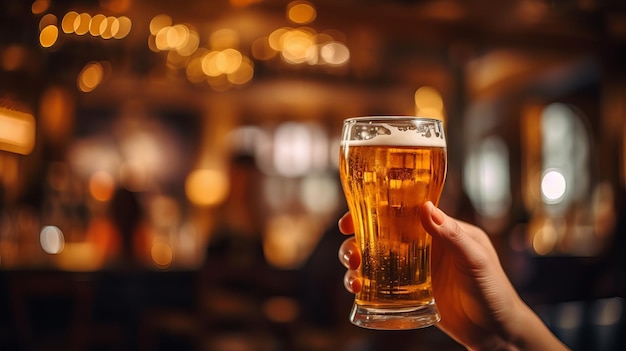 Een hand met een glas bier in een bar