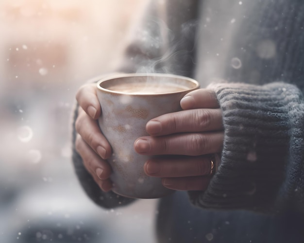 Foto een hand met een kop dampende koffie op een koude winterdag generatieve ai