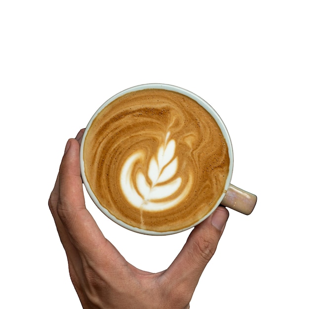 Een hand met een kopje koffie met latte art erop