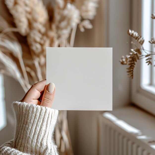 Een hand met een lege witte kaart in een goed verlichte kamer met gedroogde bloemen op de achtergrond