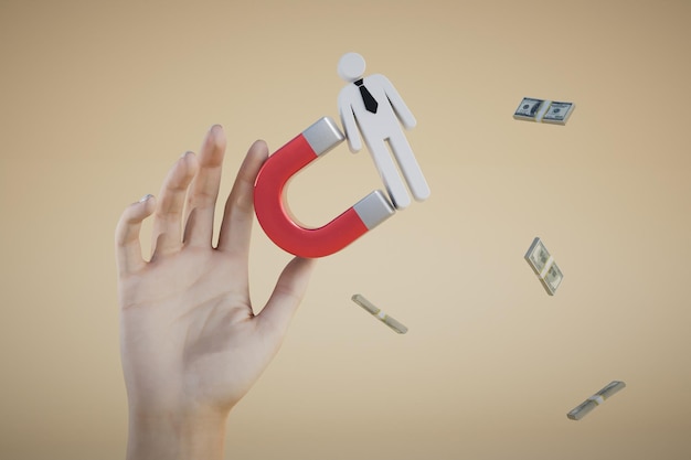 Een hand met een magneet die het silhouet van een persoon aantrekt en geld 3D renderen