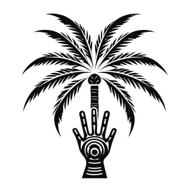 Een hand met een palmboom en een palmboom