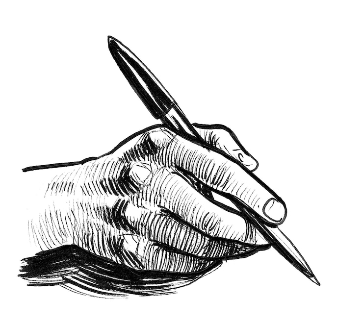 Foto een hand met een pen erin schrijft.