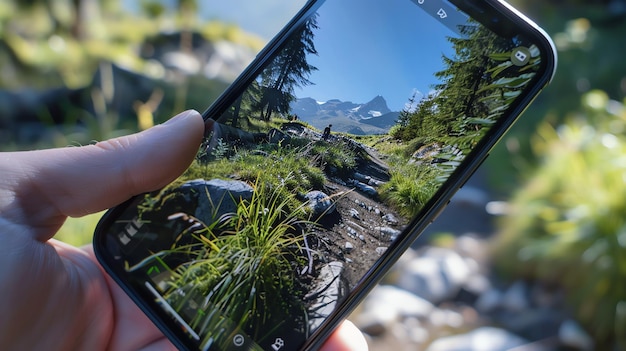Foto een hand met een smartphone neemt een foto van een prachtig berglandschap met groene heuvels rotsen en een blauwe hemel met witte wolken