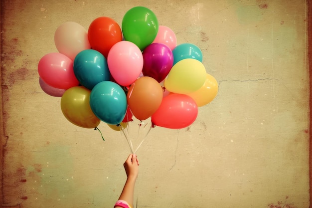 Een hand met een stel kleurrijke ballonnen.