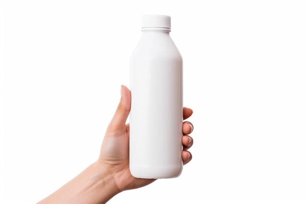 een hand met een witte fles melk