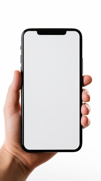 een hand met een zwarte telefoon met een leeg scherm geïsoleerd op een witte achtergrond