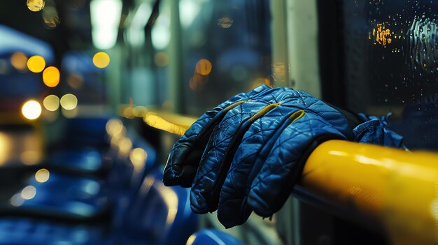 Foto een hand met handschoen grijpt een gele paal op een bus of trein de achtergrond is wazig en niet scherp met een paar lichten zichtbaar