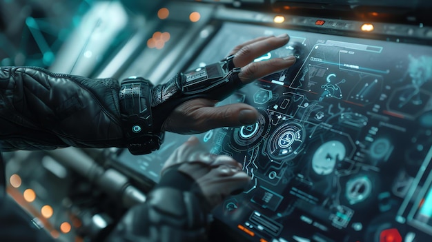 Foto een hand met handschoen interageert met een futuristisch touchscreen bedieningspaneel