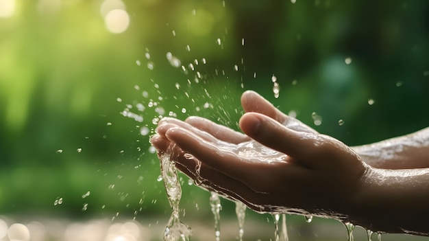 Een hand met waterdruppels erop