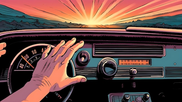 Een hand op het dashboard van een auto met daarachter de ondergaande zon