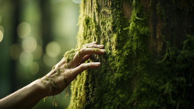 Een hand raakte subtiel het mos op de stam van een grote boom aan. Het weerspiegelt een diepe verbondenheid met de natuur