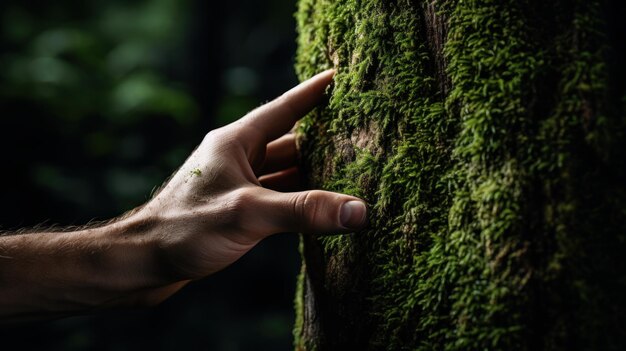 Een hand raakte subtiel het mos op de stam van een grote boom aan. Het weerspiegelt een diepe verbondenheid met de natuur