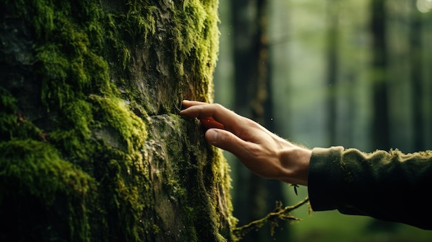 Een hand raakte subtiel het mos op de stam van een grote boom aan. Het weerspiegelt een diepe verbondenheid met de natuur