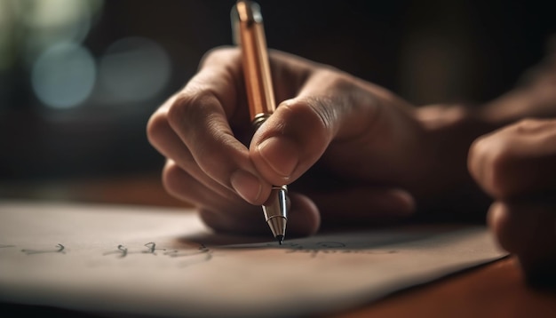 Een hand schrijft met een pen op een stuk papier.