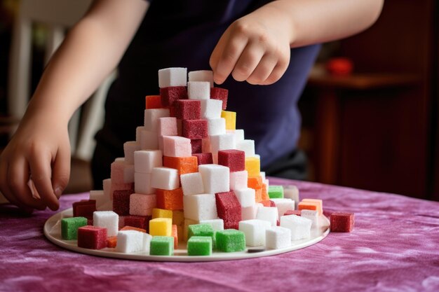 Een hand van een kind bouwt een toren van suikerblokjes op een levendige placemat