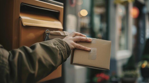 Foto een hand van een koerier die een pakket in een brievenbus laat vallen