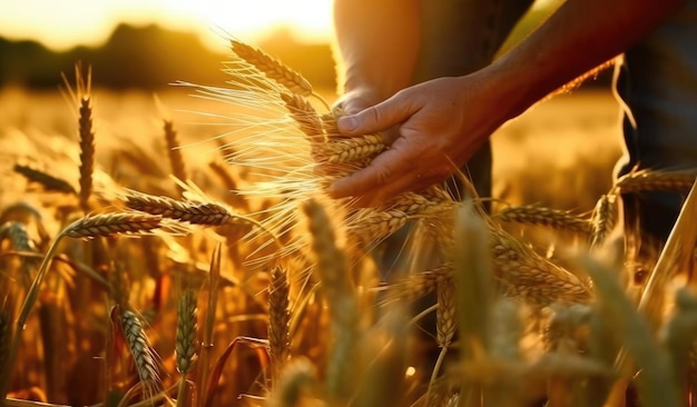 Een hand van een man houdt spikelets van graan