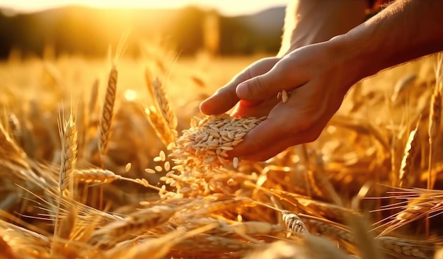 Een hand van een man houdt spikelets van graan