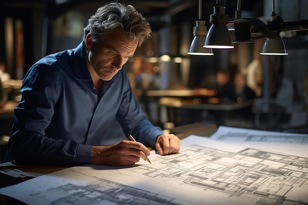 Een hand van een man kijkt naar een tekening van een gebouw met een stad op de achtergrond