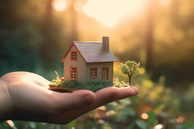 Een hand vasthouden klein speelgoed huis in de ochtend zonneschijn achtergrond