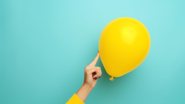Een hand wijst een gele ballon op een blauwe achtergrond.