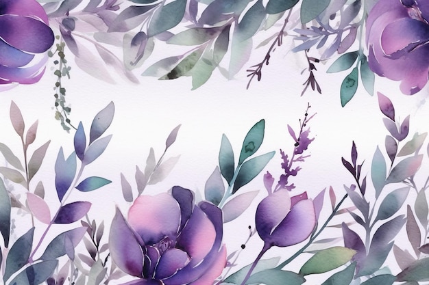 Een handbeschilderde aquarel banner met paarse bloementakken en eucalyptusbladeren wordt getoond Bloemen voor bruiloften, uitnodigingen of wenskaarten in de lente of zomer