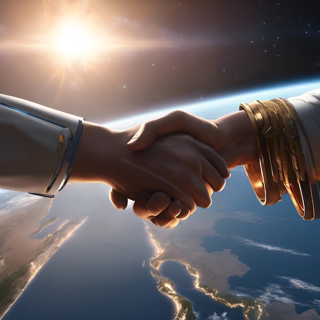 Een handdruk tussen de aarde en de ruimte symboliseert dat de mensheid grenzen overschrijdt.