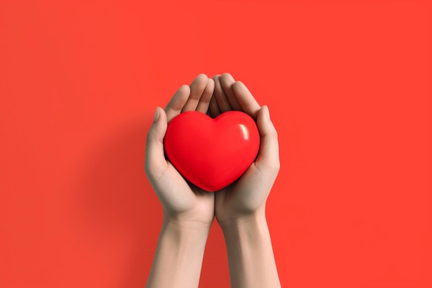 Een handen en een rood hart met een rode achtergrond