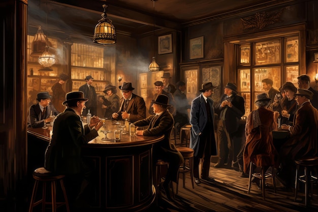 Een handgetekende illustratie van een speakeasy-bar tijdens de generatieve ai van het droogleggingstijdperk
