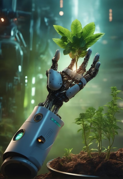 Een handrobot die een plant in de grond houdt. Generatieve AI Bomen planten voor herbebossing