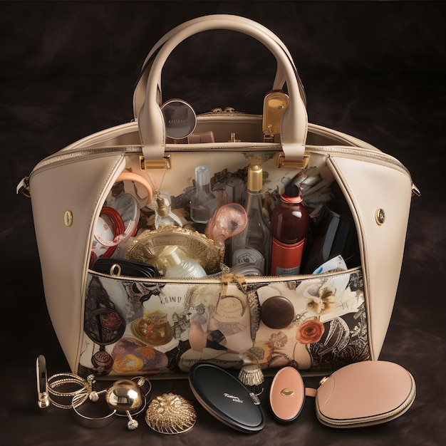 Een handtas met veel make-up erop en veel dingen erin.