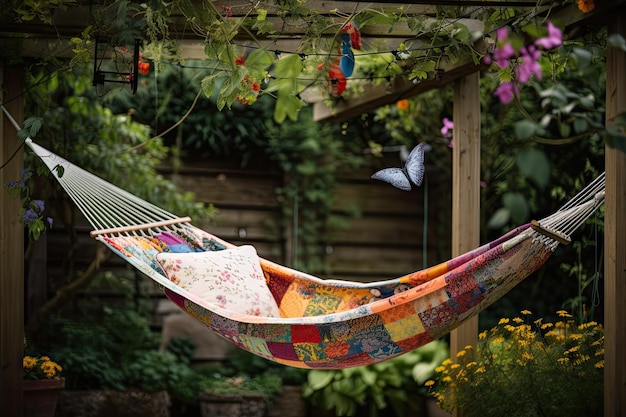 Een hangende tuinhangmat met vogels en vlinders op de achtergrond