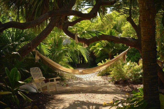 Foto een hangmat die aan een boom hangt in een tropische omgeving