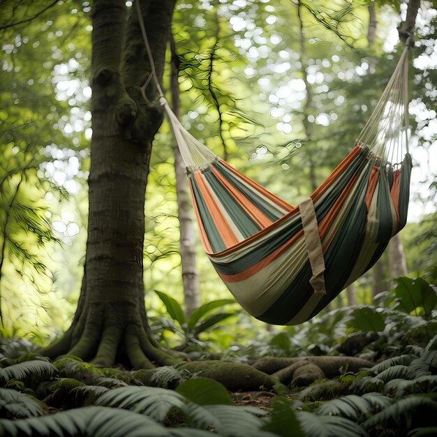 Een hangmat hangt aan een boom in het bos.