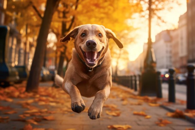 Een happydog rent door het herfstbos tegen de oranje bladeren Genative Ai